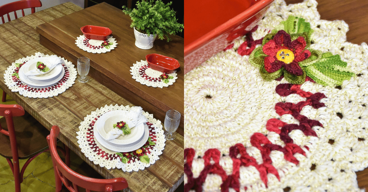 Faça o lindo conjuntinho sousplat em crochê com flor: Receita e gráfico