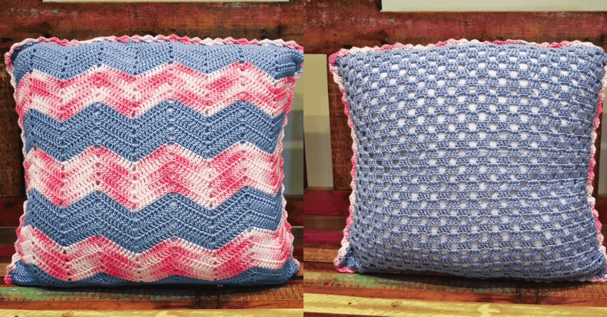 Faça a linda almofada azul e rosa em crochê: Passo a passo com gráficos