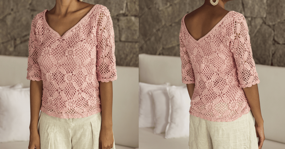 Blusinha manga média em crochê: Passo a passo com gráficos