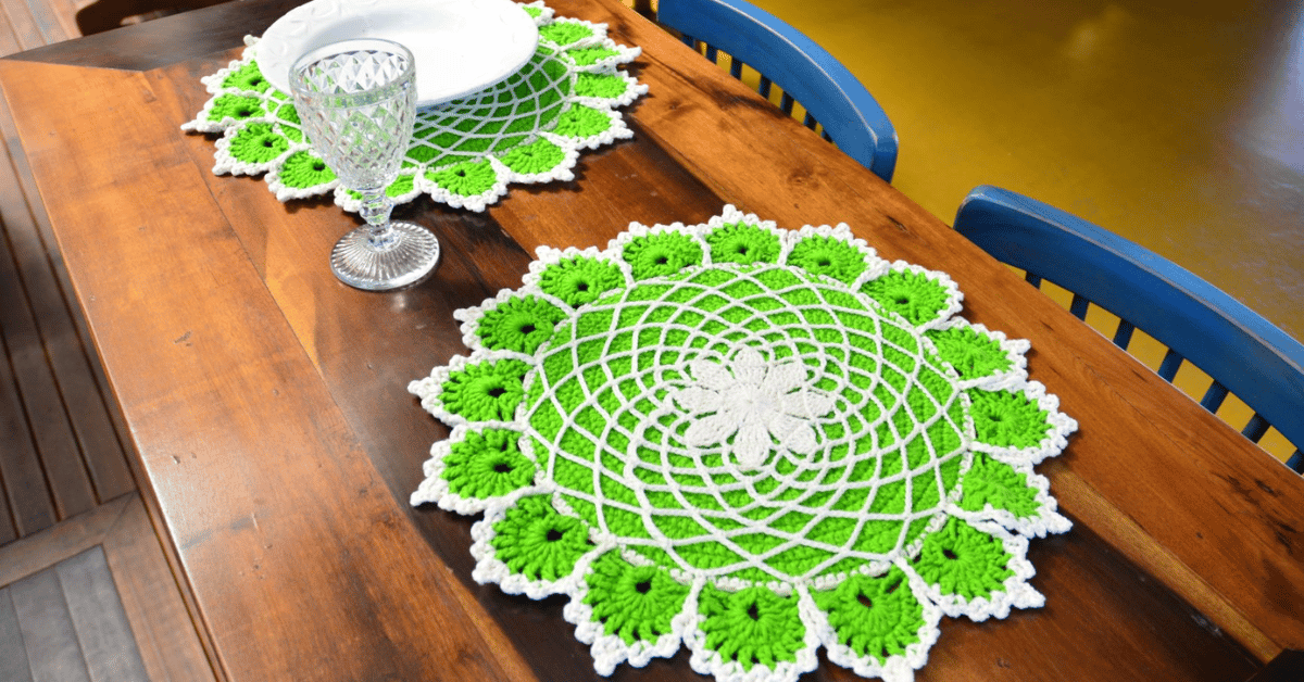Conjunto sousplat verde neon em crochê: Passo a passo com gráficos