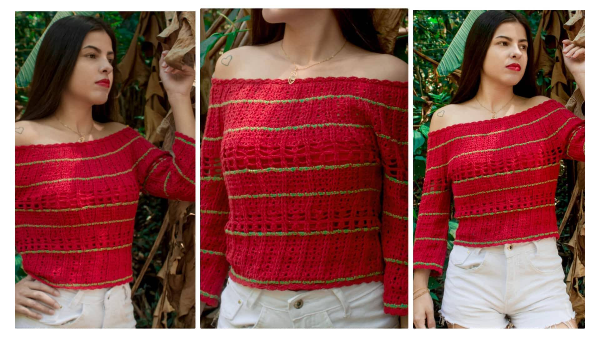 Blusa de crochê ombro a ombro tendência verão 2023