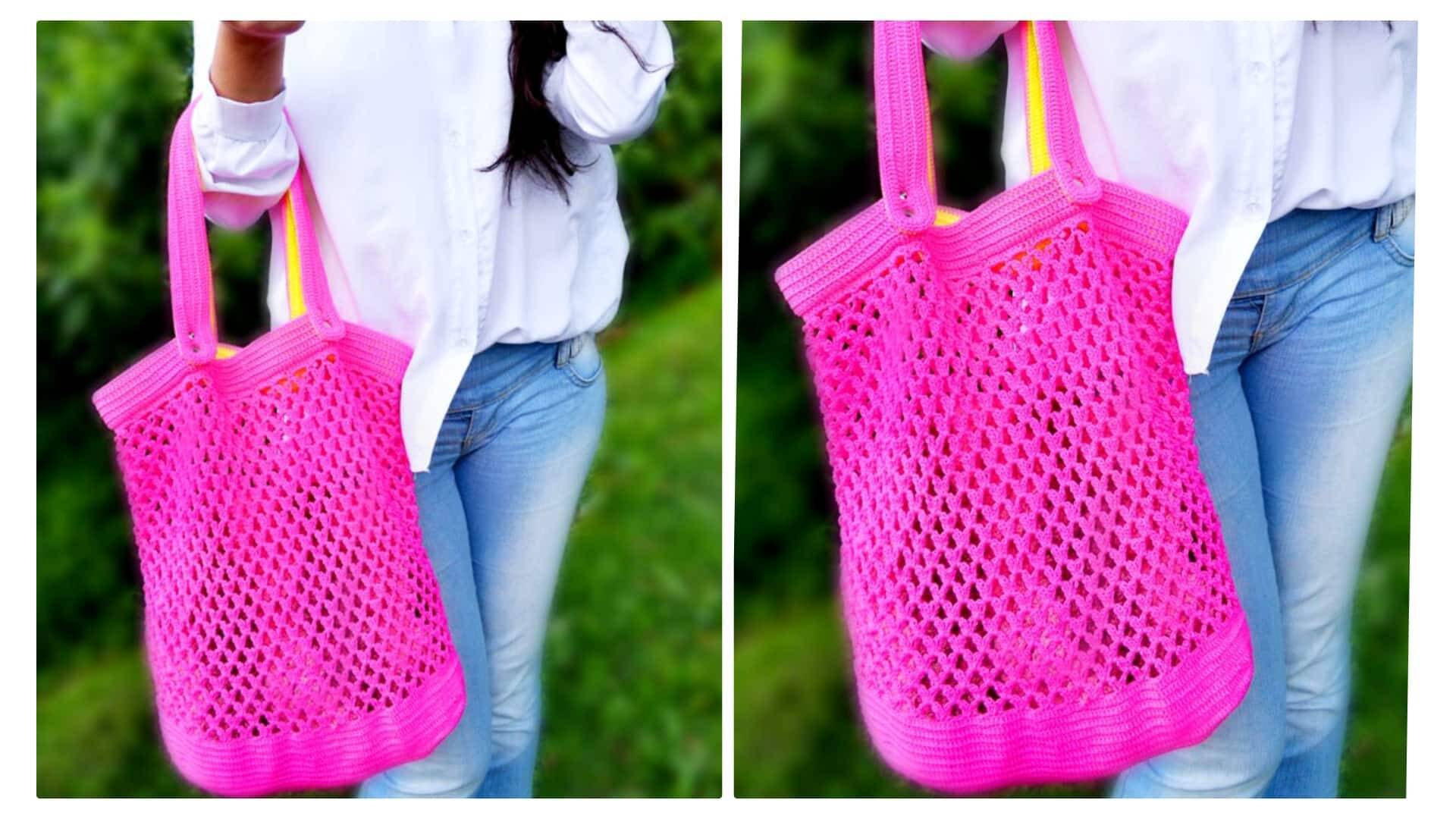 Bolsa de crochê tipo sacola neon:Receita e gráfico