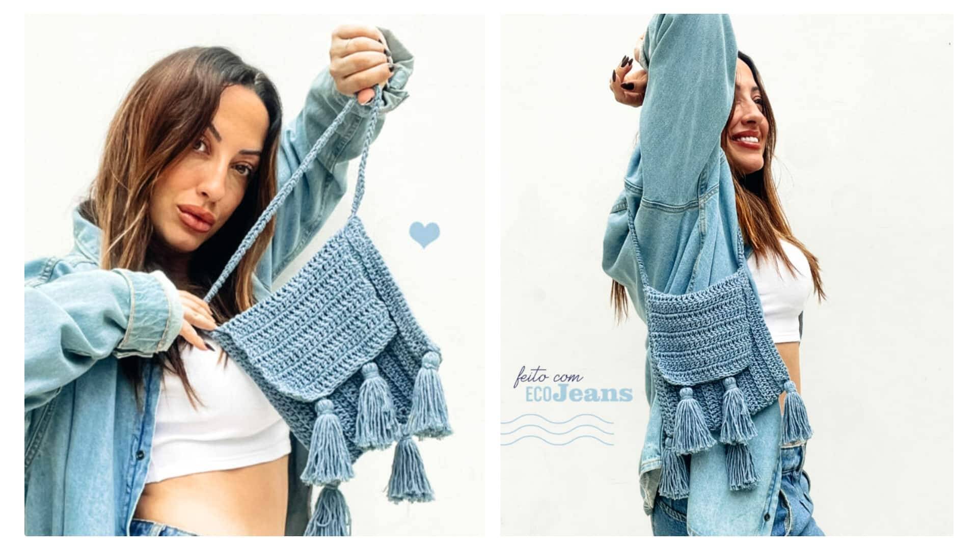 Bolsinha de crochê simples jeans: Receita passo a passo