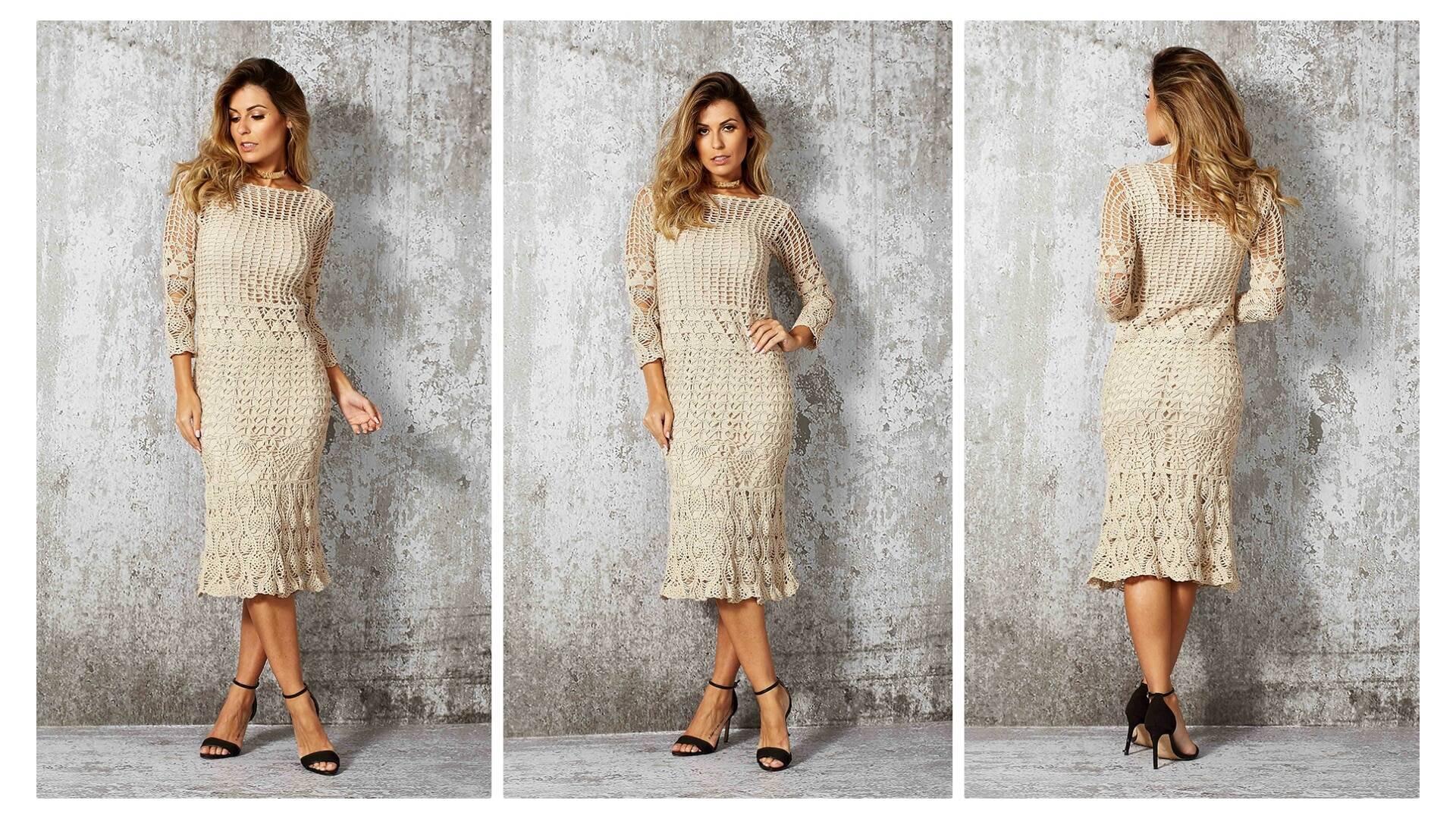 Lindíssimo vestido de crochê bege : Receita e gráfico