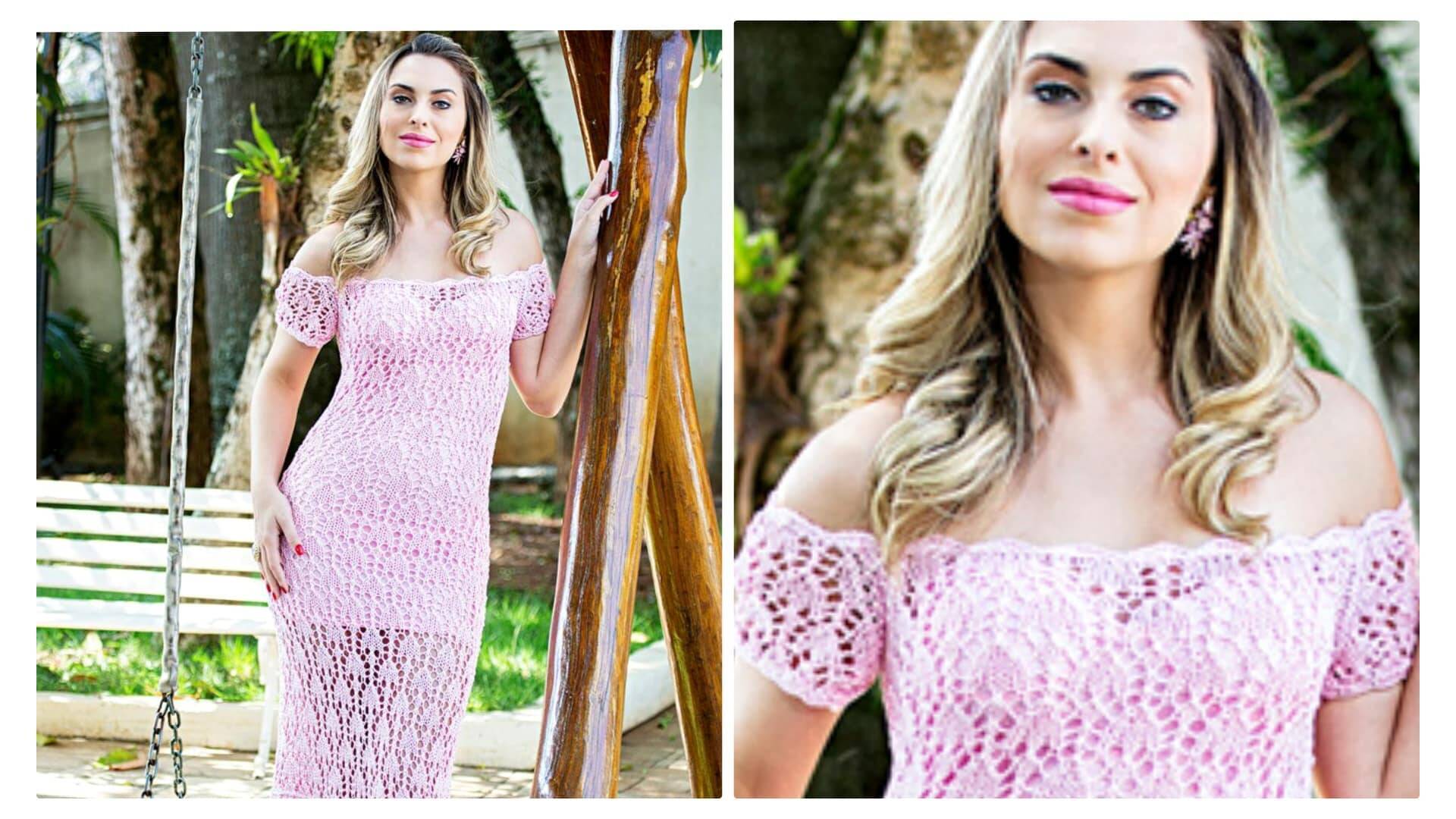 Vestido de Tricô Longo Cor de Rosa: Receita e Gráfico