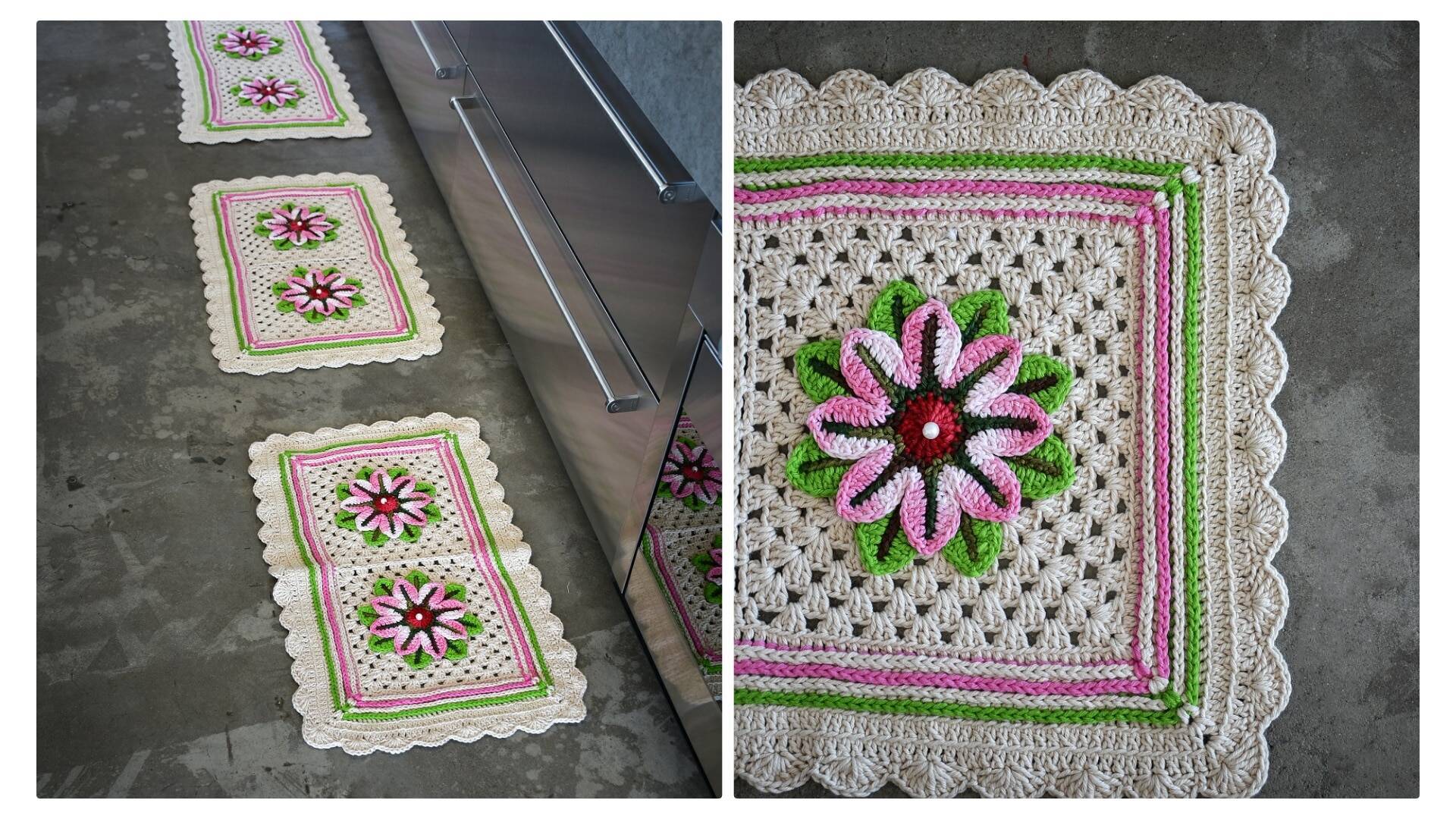 Lindo Jogo de Cozinha em Crochê Cru com Flores