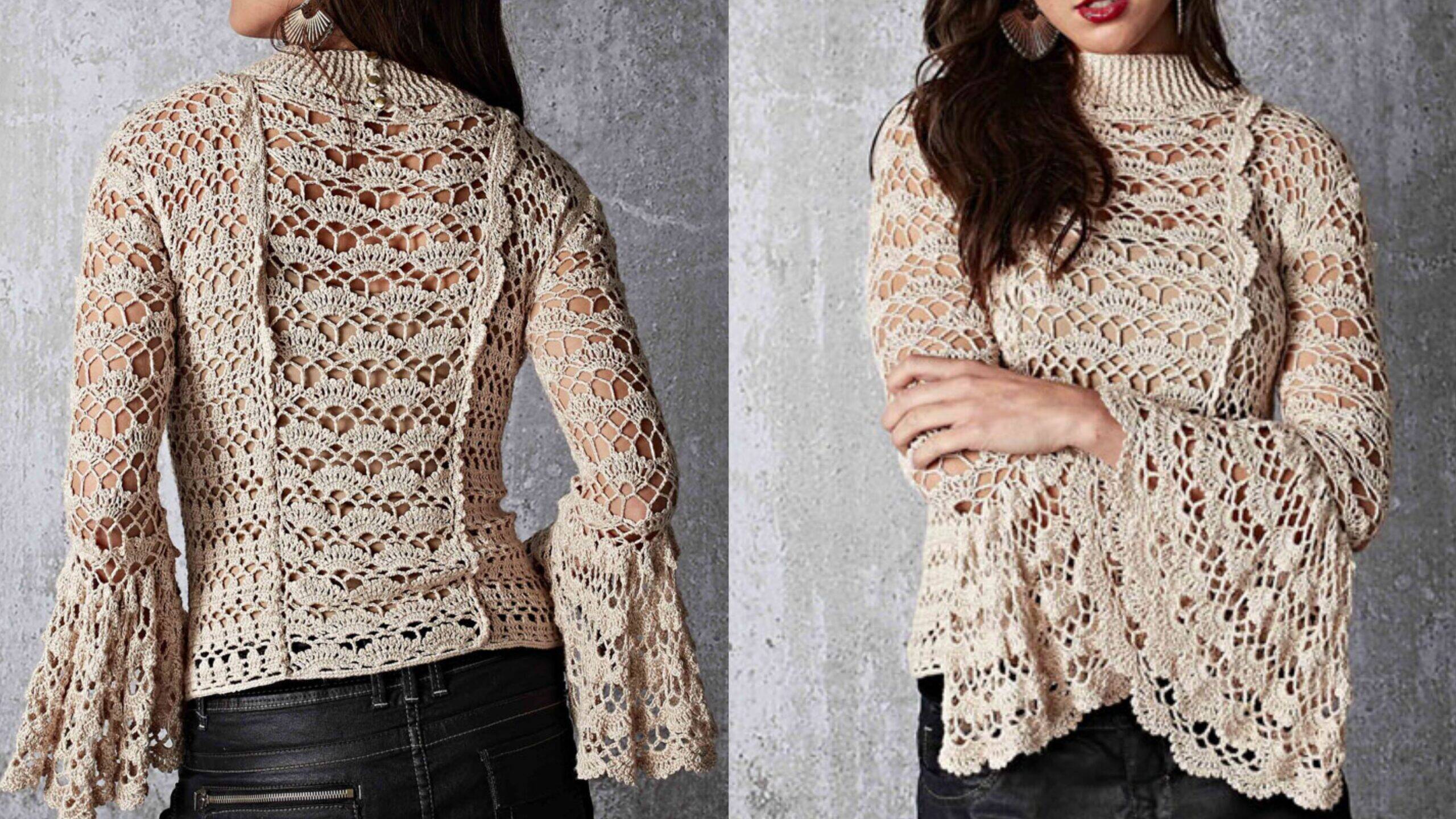 Aprenda a belíssima: Blusa de crochê Manga Flare