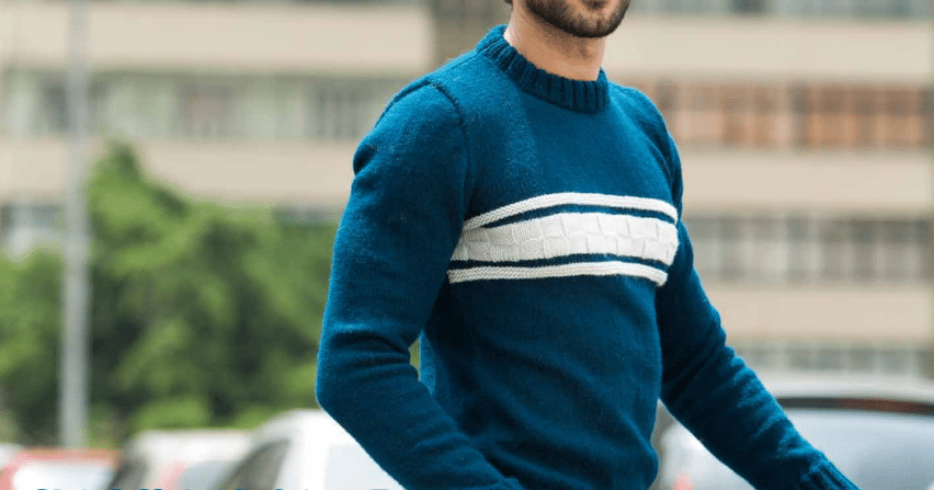 Blusa masculina azul e cinza em tricô (Cisne Premium)