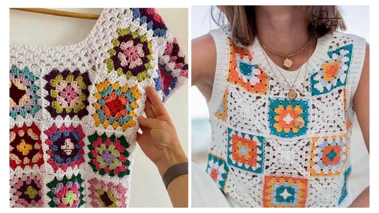 Blusas de Crochê Feminina com Squares: 15 Ideias com Graficos para Imprimir