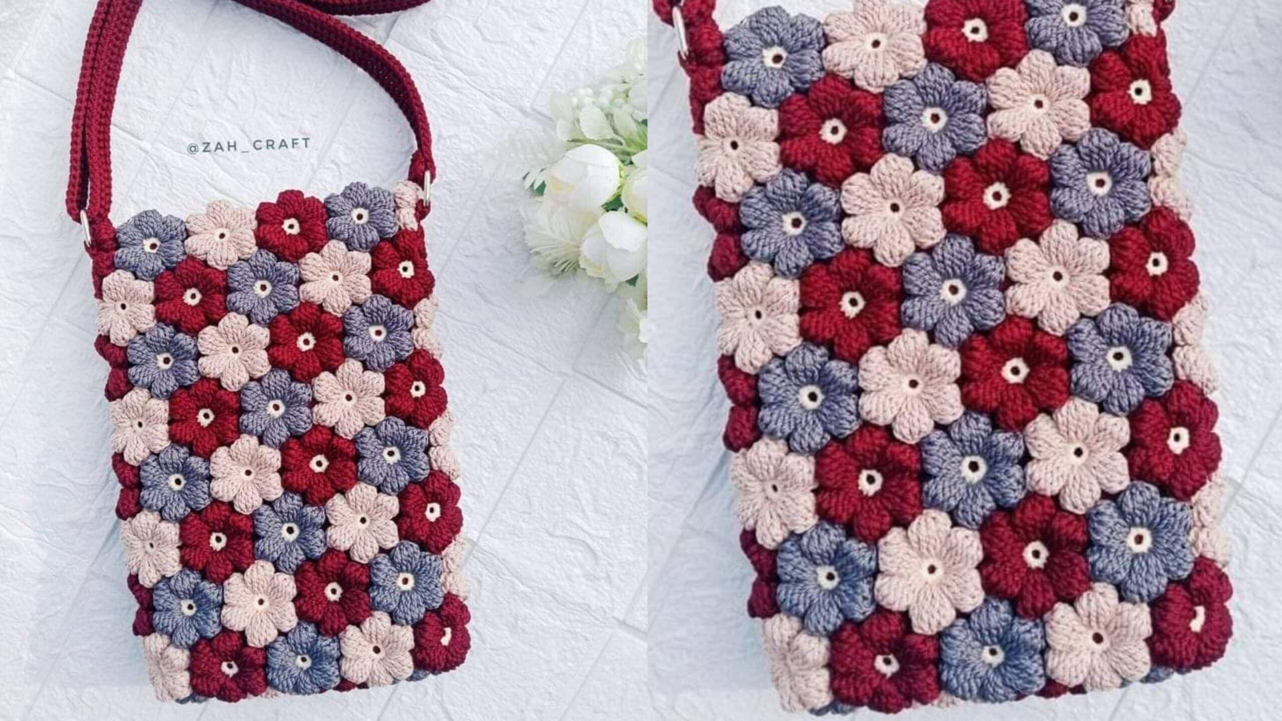 Bolsinha de Crochê Feita com União de Florzinhas com Passo a Passo e Gráfico