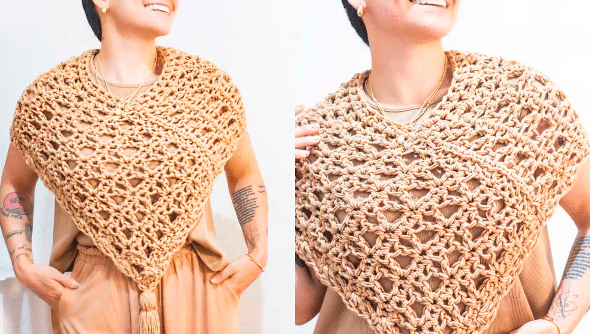Pelerine de Crochê Avelã Confortável e Elegante com Gráficos