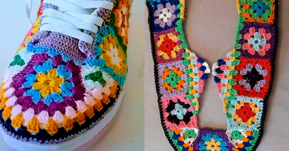 Ideias Incríveis de Customização de Tênis com Squares de Crochê
