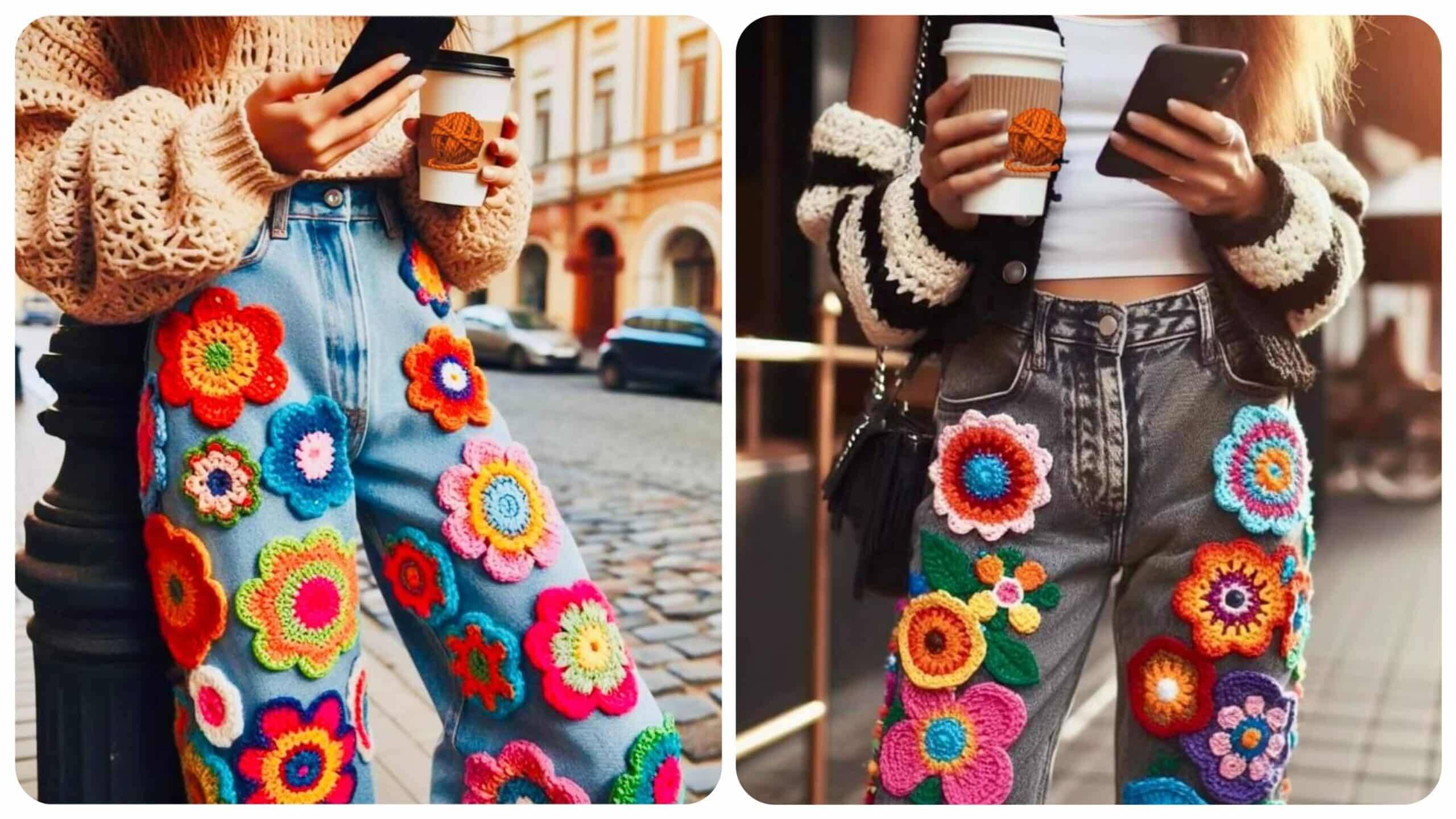 Elegância Artesanal: Calças com Aplicação de Flores em Crochê