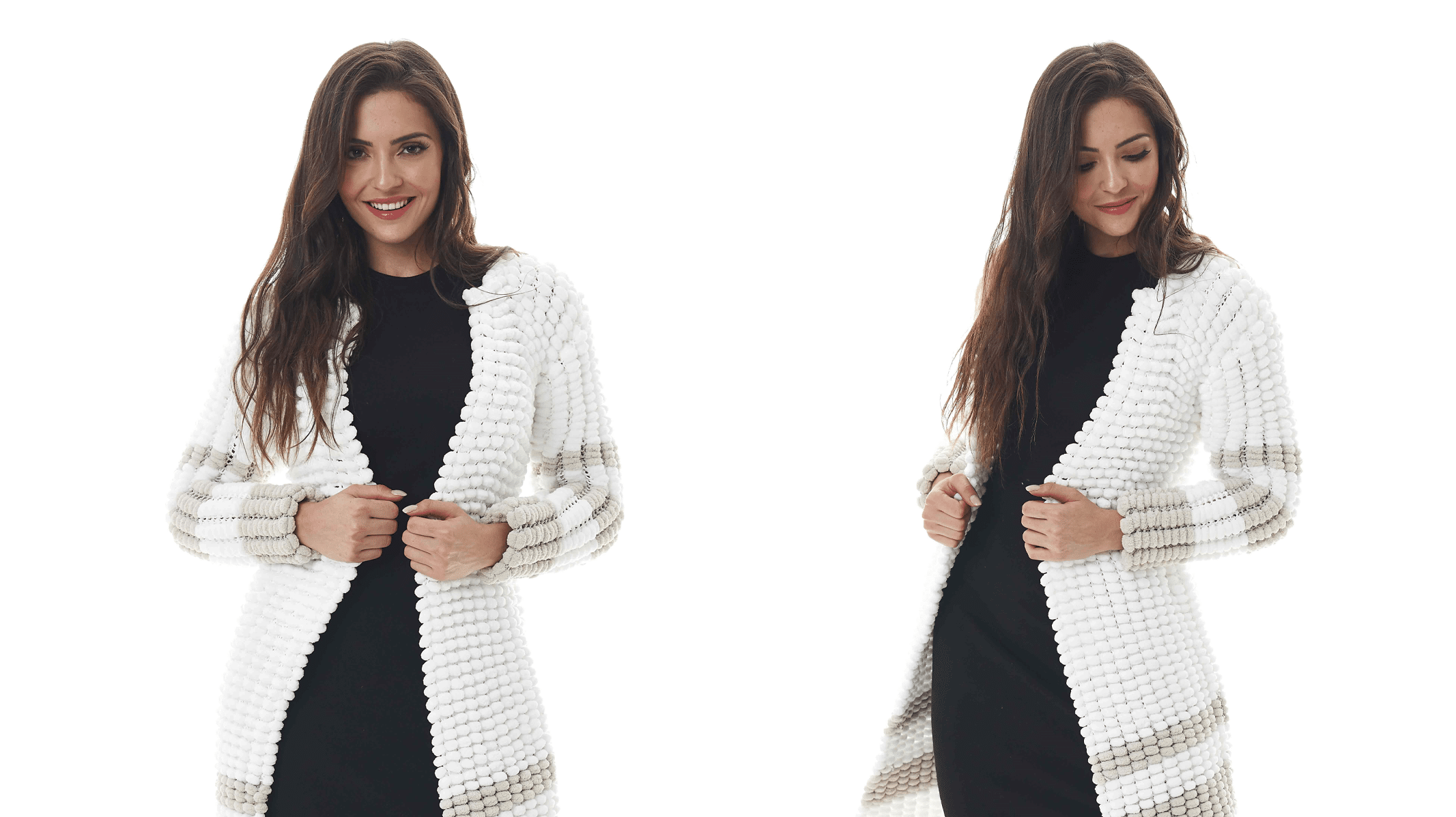 Sobretudo de Tricô Pompom Fofo: Estilo e Conforto com um Toque de Diversão