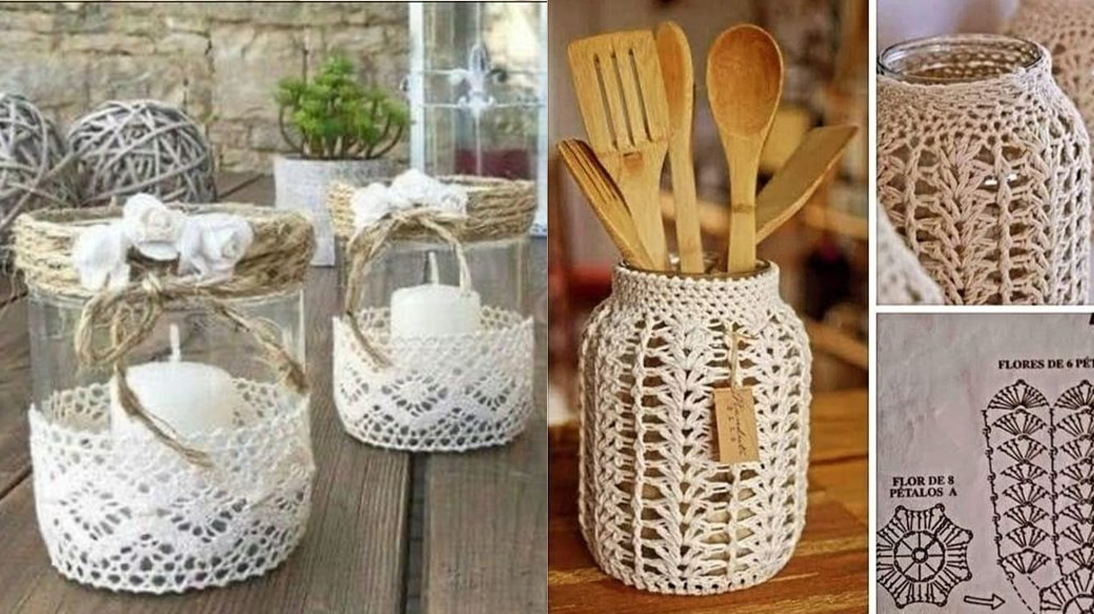 Ideias Lindas de Artesanato com Reciclagem em Potes Decorados com Renda e Crochê