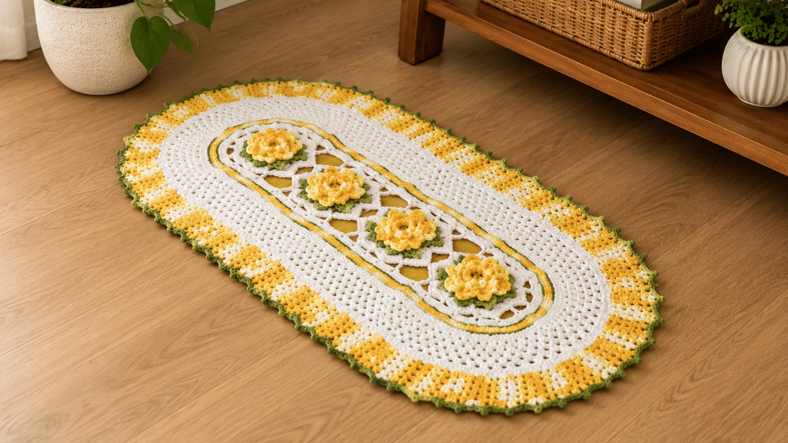 Tapete Oval de Crochê com Flores e Gráficos