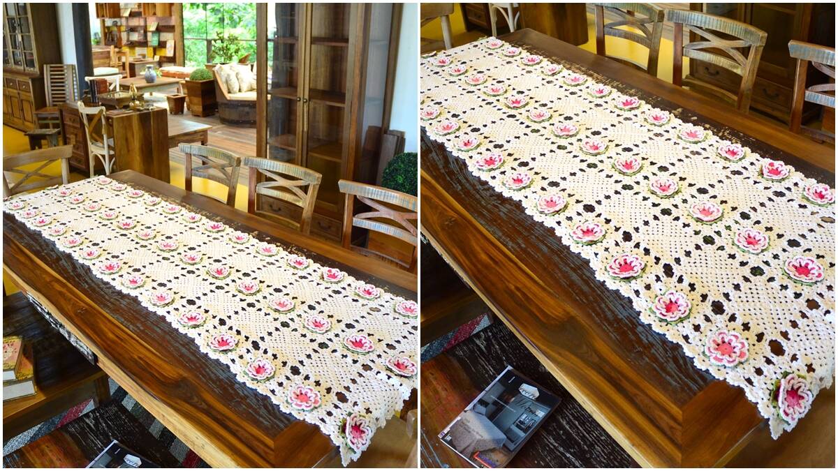 Caminho de Mesa em Crochê com Flores: Faça o Seu!