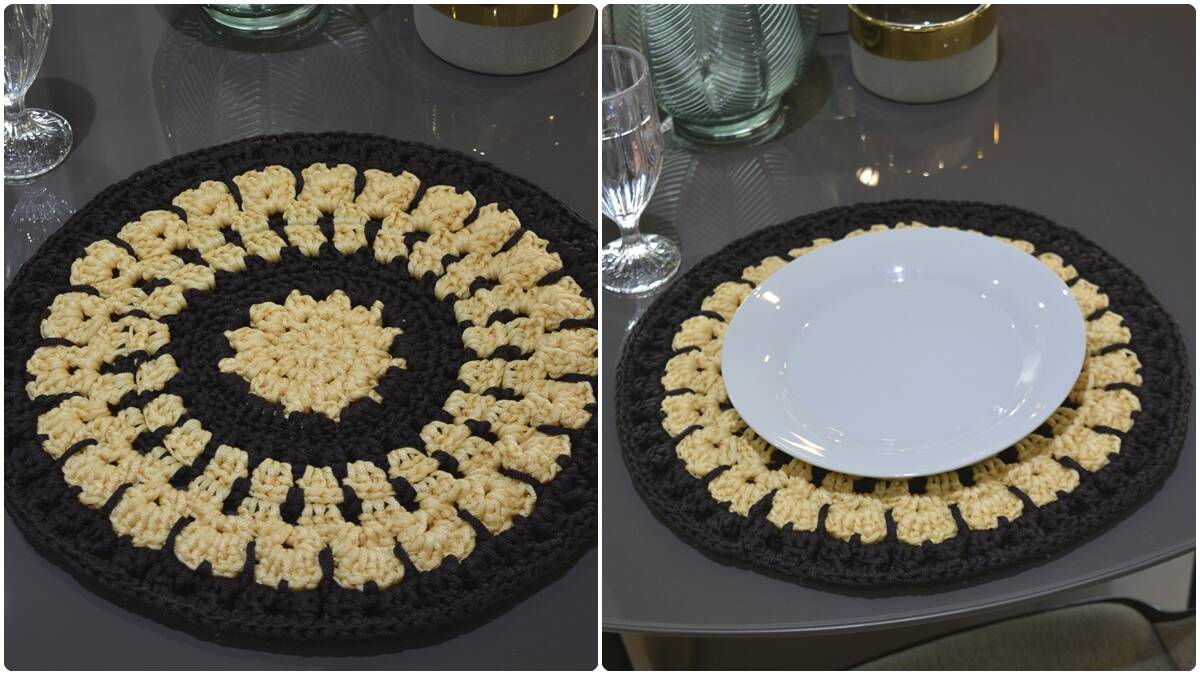 Sousplat de Crochê Bicolor: Elegância Artesanal na Mesa!