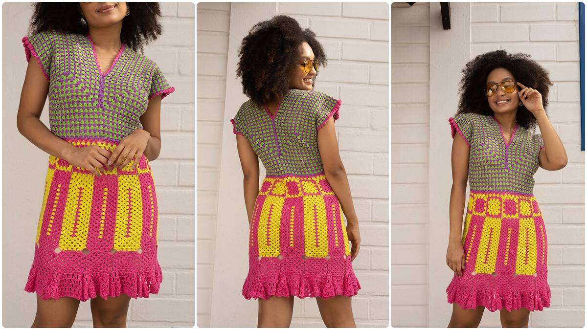 Vestido de Crochê Cítrico: Um Modelo Colorido e Charmoso!