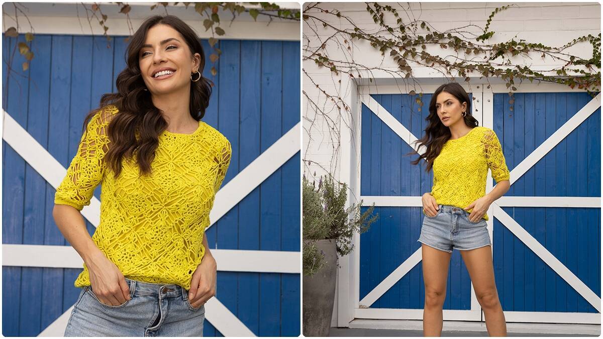 Blusa de Crochê com Squares Cítrico: Charme que Vibra!
