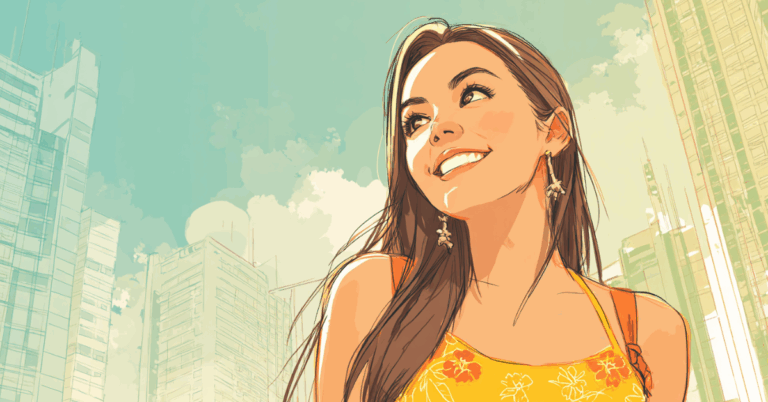 Ilustração que representa uma mulher se sentindo feliz e com uma autoestima saudavel