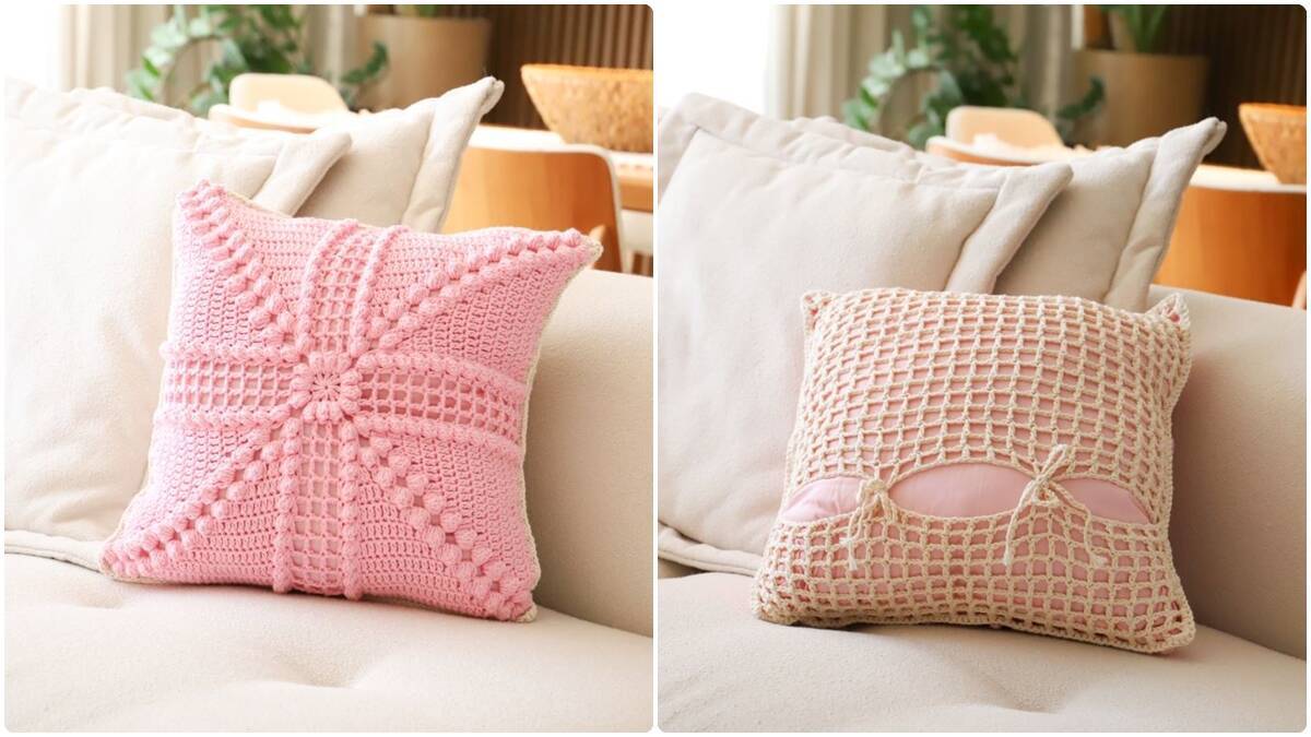 Almofada de Crochê Decorativa com Ponto Pipoca para Sofá Neutro!