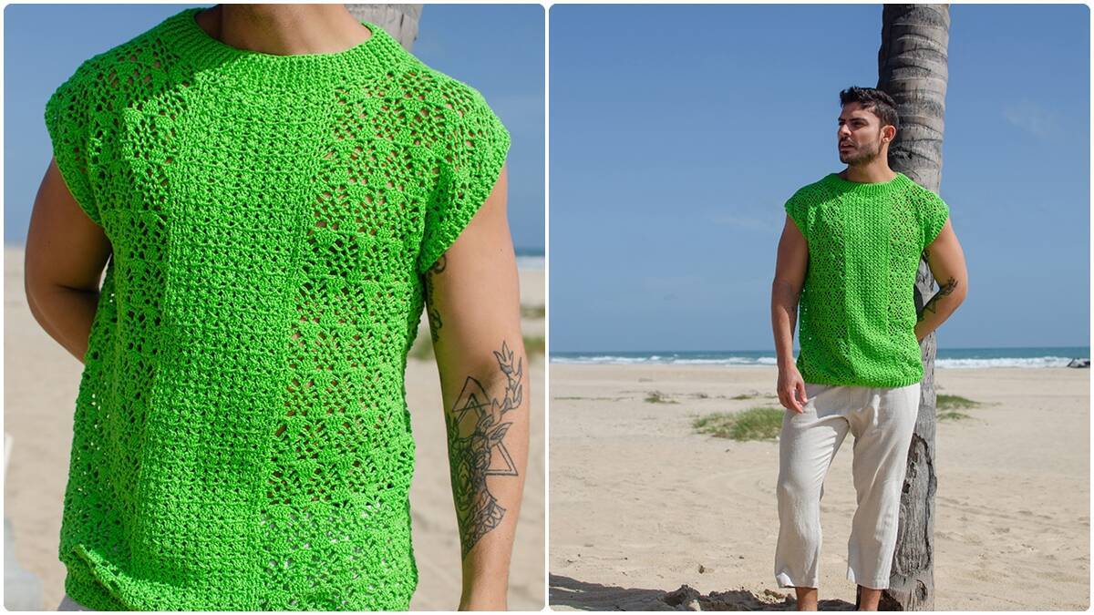 Regata de Crochê Masculina Verde-Cítrico: Elegância e Charme!