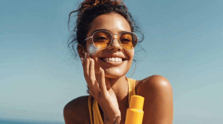 Mulher sorrindo aplicando protetor solar no rosto durante um dia ensolarado, ilustrando a importância da proteção contra os raios UV.