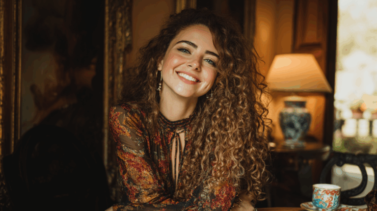Mulher com cabelos cacheados definidos e com brilho