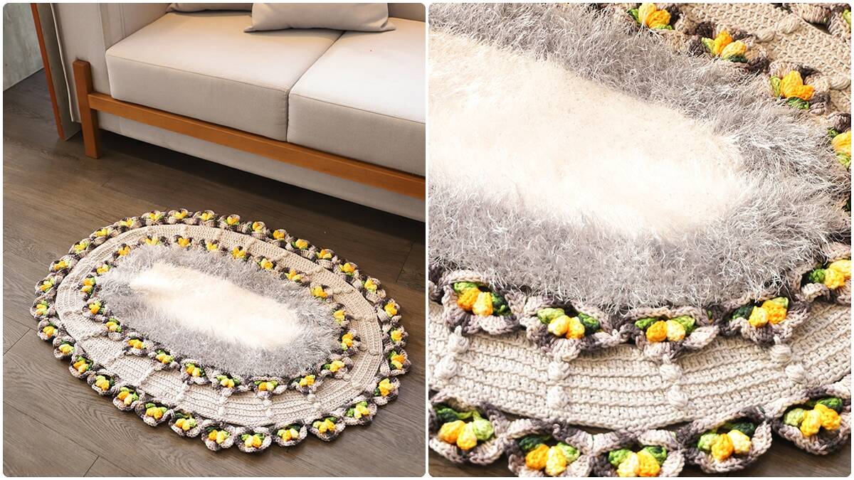 Tapete Oval de Crochê Gramado com Flores: Guia com Gráficos!