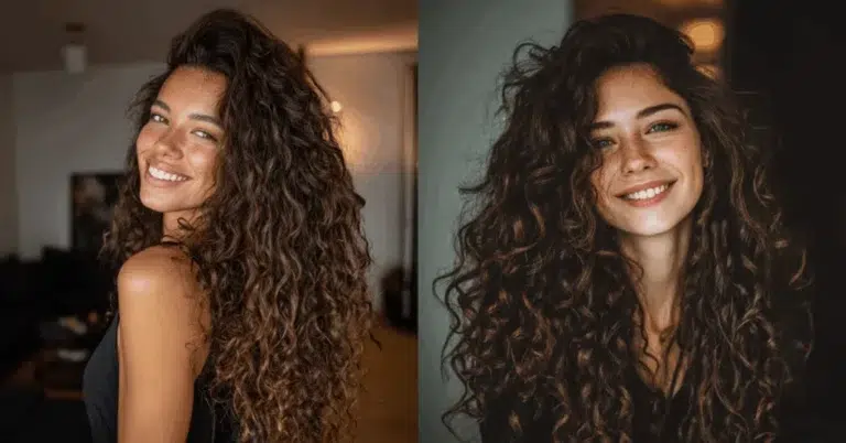 Mulher com cabelos cacheados bem definidos mostrando resultados de cuidados naturais