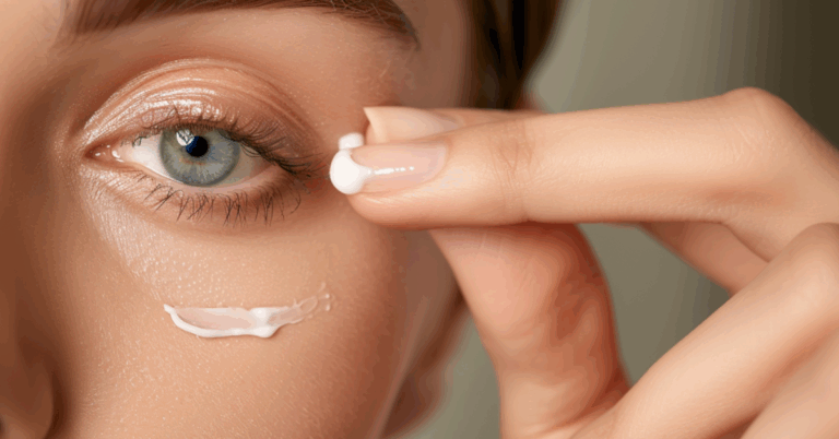 Mulher com creme aplicado abaixo dos olhos