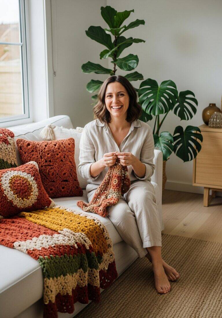 Mulher sorridente segurando peça de crochê boho em sala decorada com almofadas, plantas e detalhes em madeira clara sob luz natural.