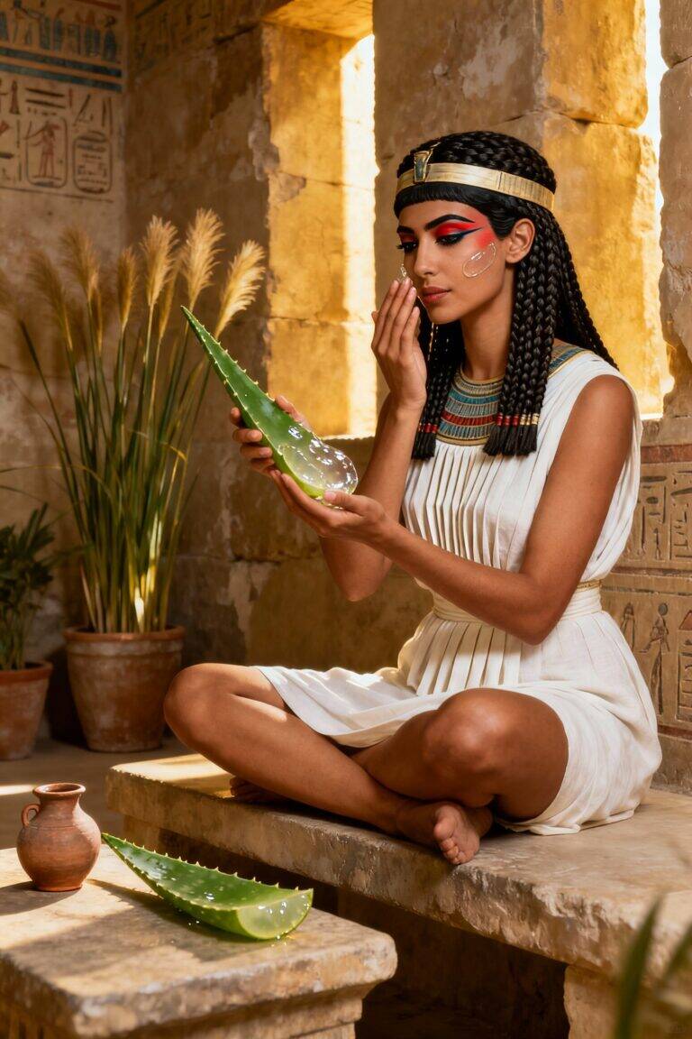 Mulher do Egito Antigo aplicando gel de babosa natural no rosto, com vestes brancas, acessórios dourados e luz dourada suave, simbolizando os rituais de beleza natural de Cleópatra.
