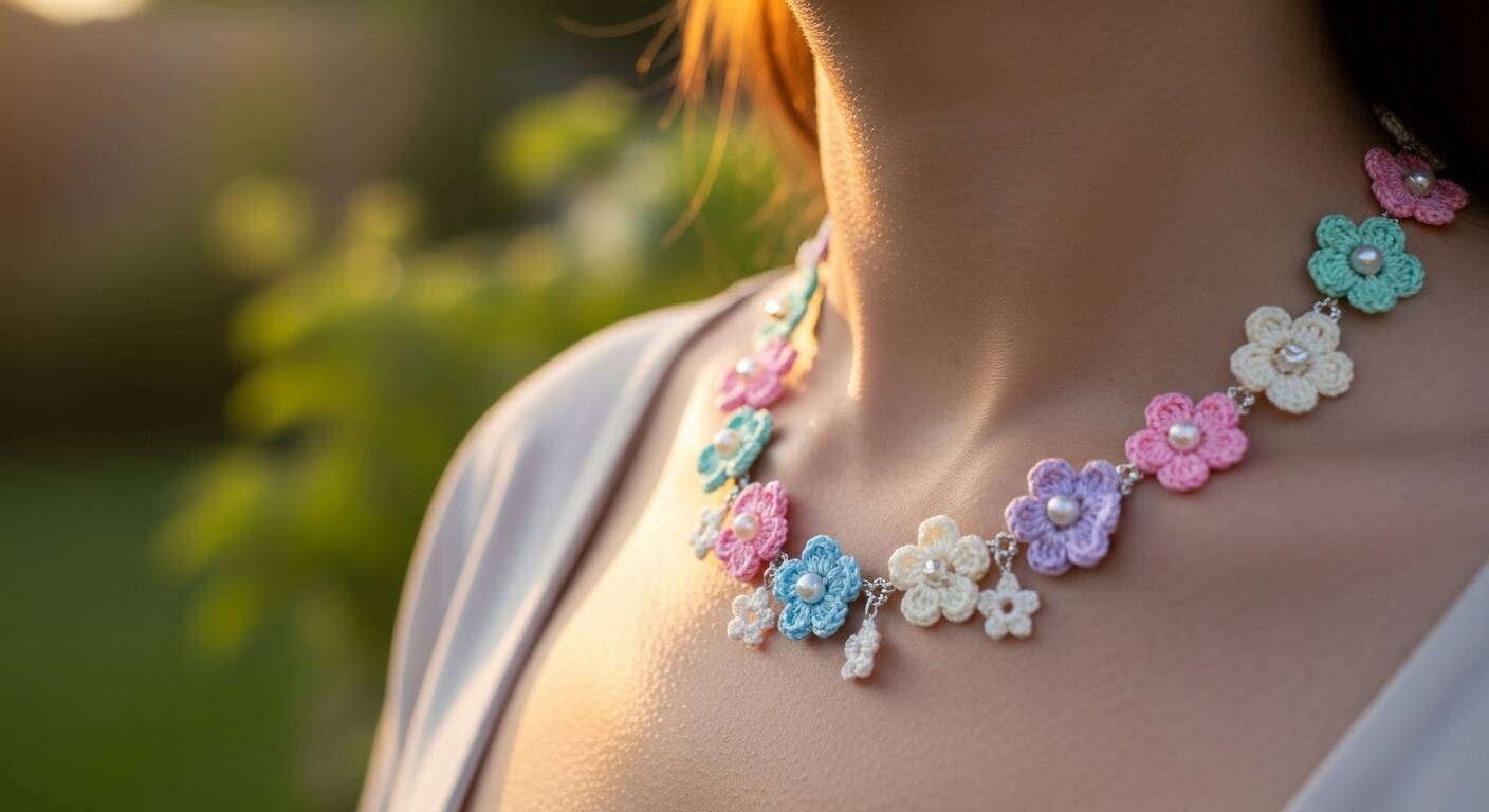 Colar de crochê com mini flores para combinar com qualquer roupa