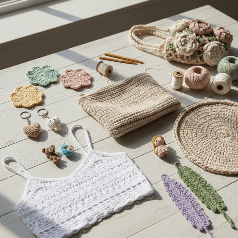 Mesa iluminada com várias peças pequenas de crochê: top branco, porta-copos florais, chaveiros, amigurumis, necessaire bege, sousplat redondo, bolsa de flores e marcadores de livro. Ideias criativas e rápidas de crochê para vender em 2025.