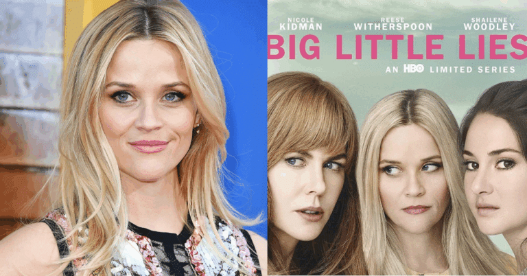 Montagem criada pela equipe Katia Ribeiro. À esquerda, imagem editorial de Reese Witherspoon, Créditos: Getty Images/WireImage / À direita, arte oficial de divulgação da série “Big Little Lies”, obtida no site Amazon, pertencente ao material promocional da HBO