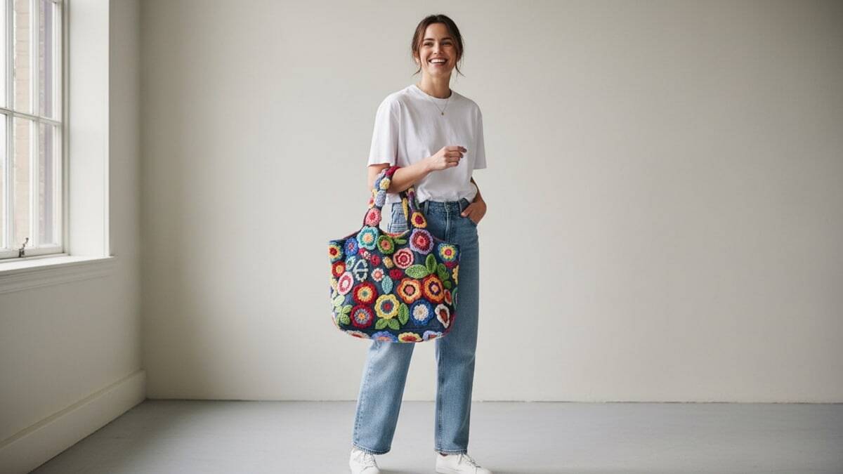 Bolsas jeans com aplicação de crochê que destacam estilo moderno e criativo