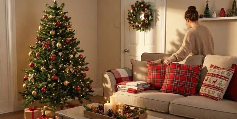 Mulher decorando casa para o Natal