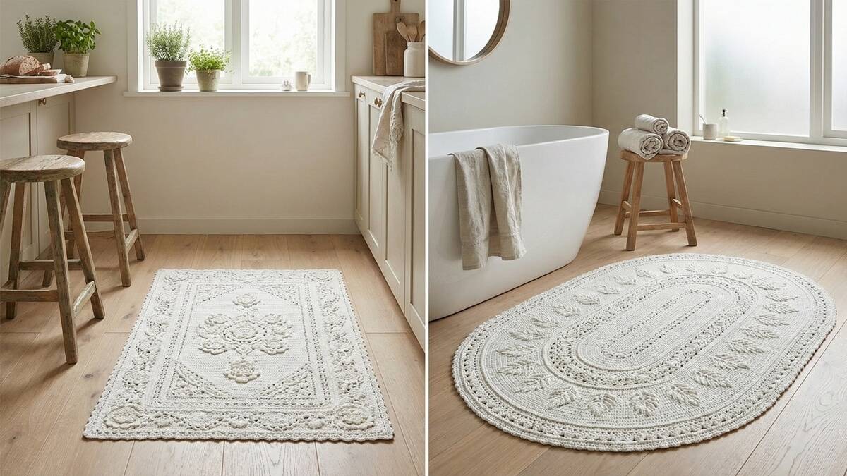 Modelos de tapetes de crochê branco com gráficos que elevam a elegância da sua casa