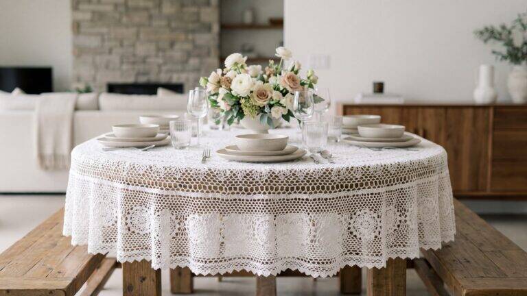 Sala de jantar elegante com toalha redonda de crochê artesanal em algodão branco sobre mesa de madeira real, louça neutra, arranjo floral ao centro, luz natural realçando textura delicada.