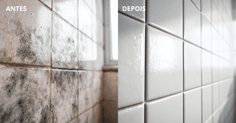 Imagem ilustrativa do antes e depois de um azulejo limpo com vinagre branco