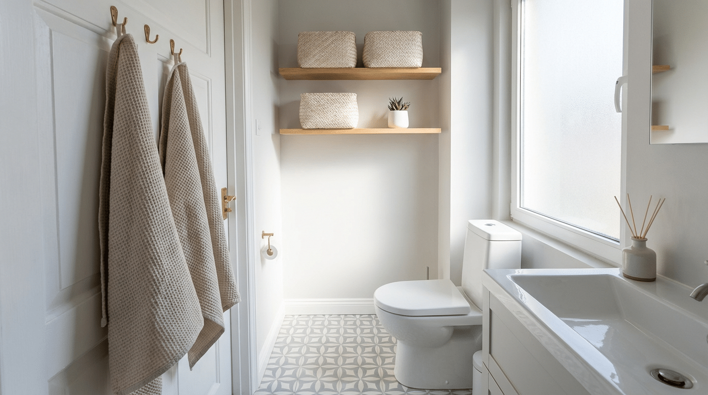 Banheiro pequeno, decorado e funcional: como usar prateleiras, cestos e ganchos sem pesar o visual