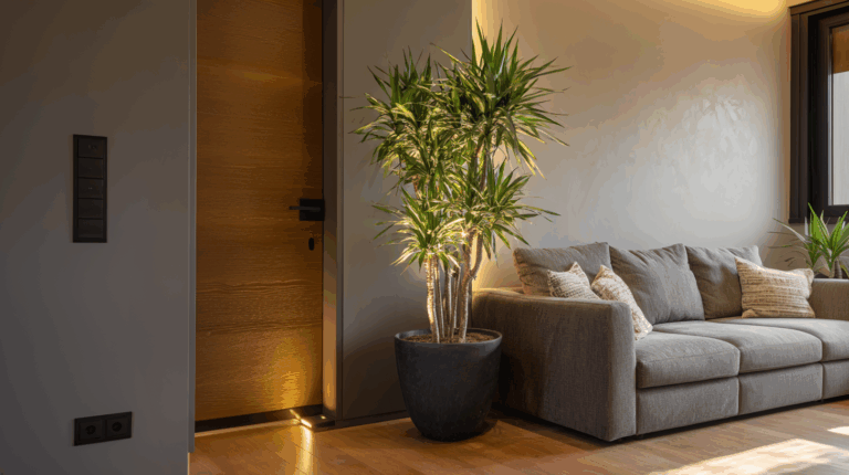 Planta iluminada por LED amarelo decora a entrada da sala, criando um clima acolhedor e simbolizando atração de prosperidade segundo o Feng Shui