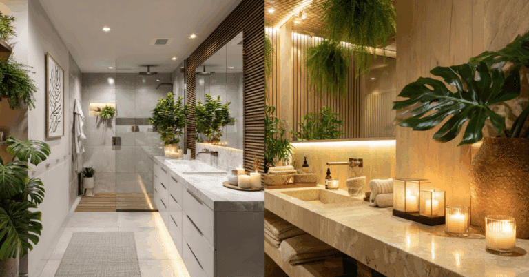 Banheiro transformado em um SPA natural, com plantas, luz quente e velas que criam um clima relaxante voltado para o bem-estar
