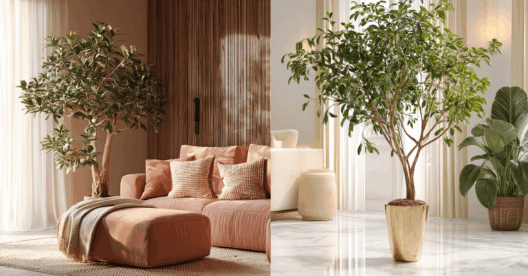 Duas imagens de decorações distintas de sala mostrando como fica a árvore da felicidade em complemento da decoração de ambientes internos