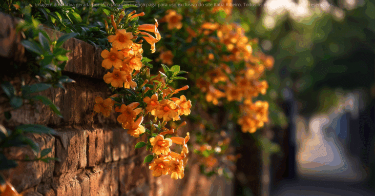 Na imagem, vemos uma Bignonia repleta de flores alaranjadas cobrindo um muro, revelando como essa trepadeira cresce com vigor e transforma paredes comuns em um corredor vivo de cores vibrantes.