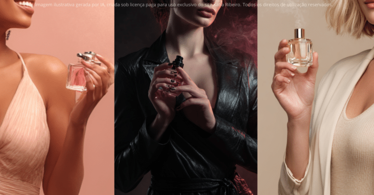 Três mulheres com estilos diferentes borrifando perfumes, iustrando como o perfume se conecta à personalidade e ao estilo de cada mulher