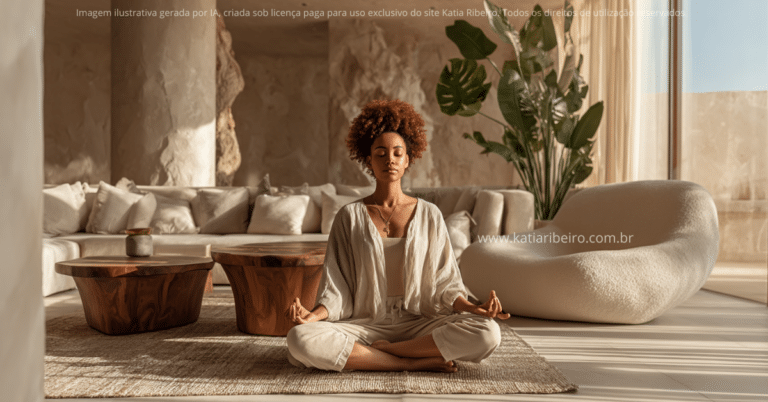 Mulher meditando em uma sala de estar