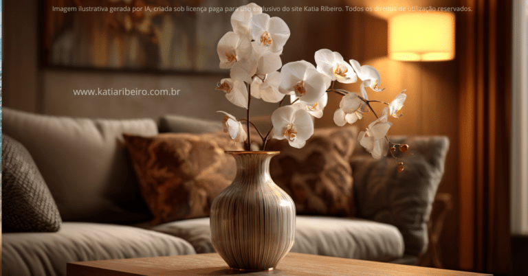 Orquídeas em um vaso complementando a decoração e uma sala